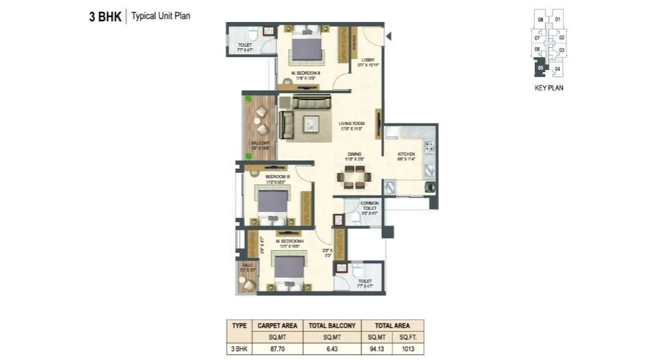 Miracle-Imperio-Towers-Typical-Floor-Plan-3 BHK-1013 Sqft